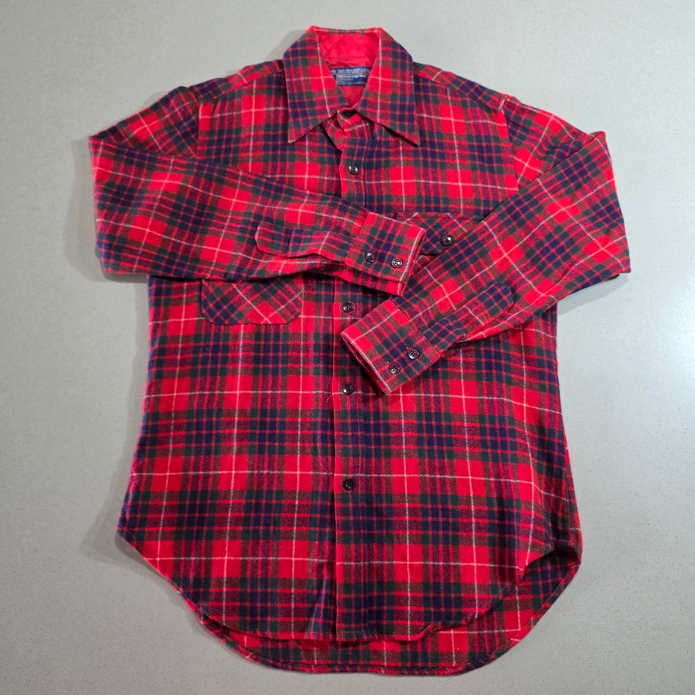 Vintage JCPenney HW Mens Red Plaid 100% Virgin Wool Flannel Shirt Size M 15-15.5